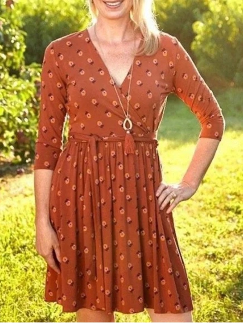 Matilda Jane Rust Floral faux Wrap Dress with 3/4 Sleeves and tie waist